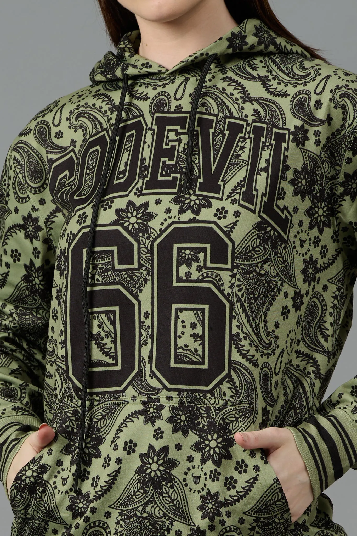 Go Devil 66 & Paisley Design Printed Green Hoodie for Women