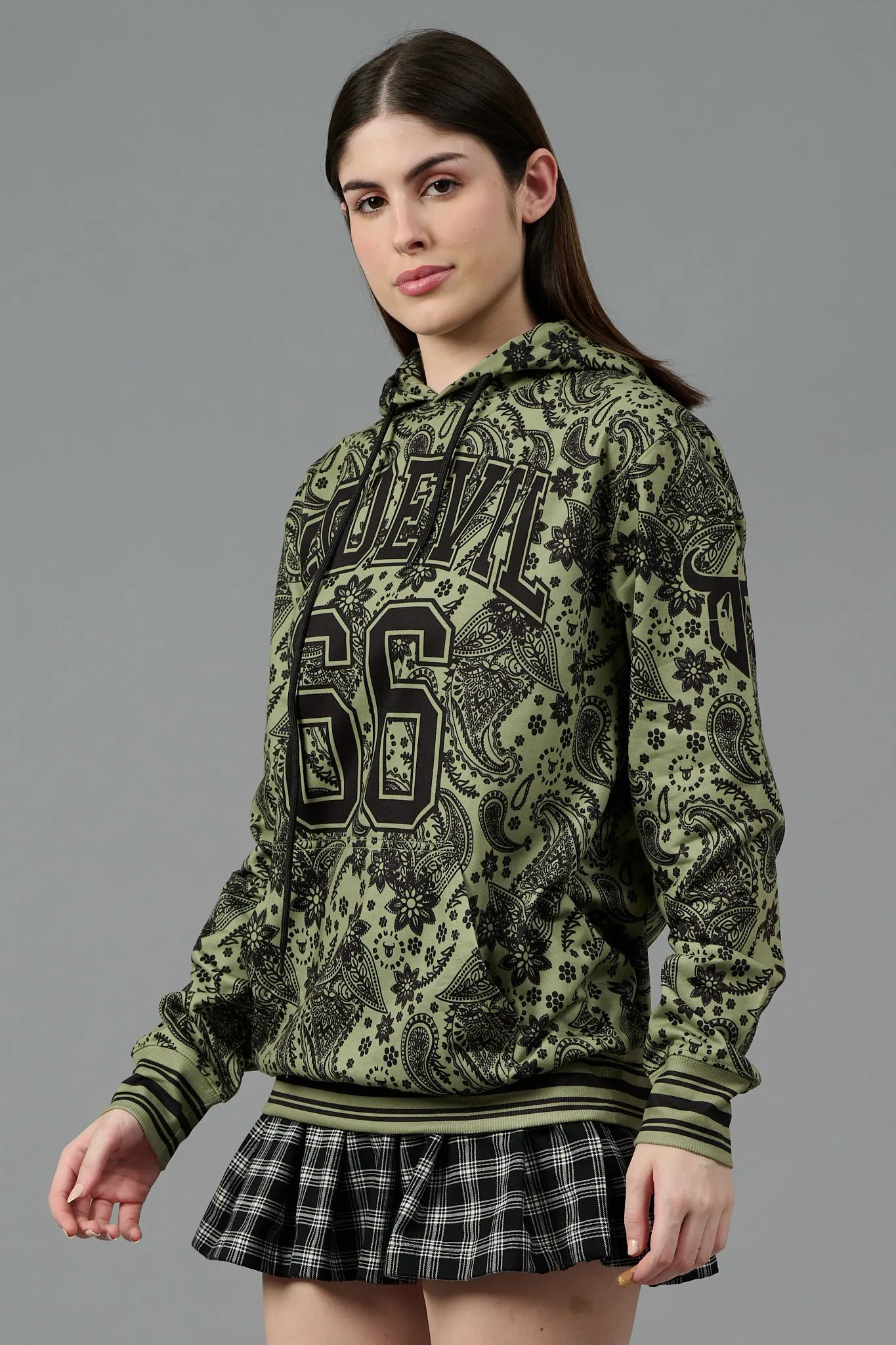 Go Devil 66 & Paisley Design Printed Green Hoodie for Women