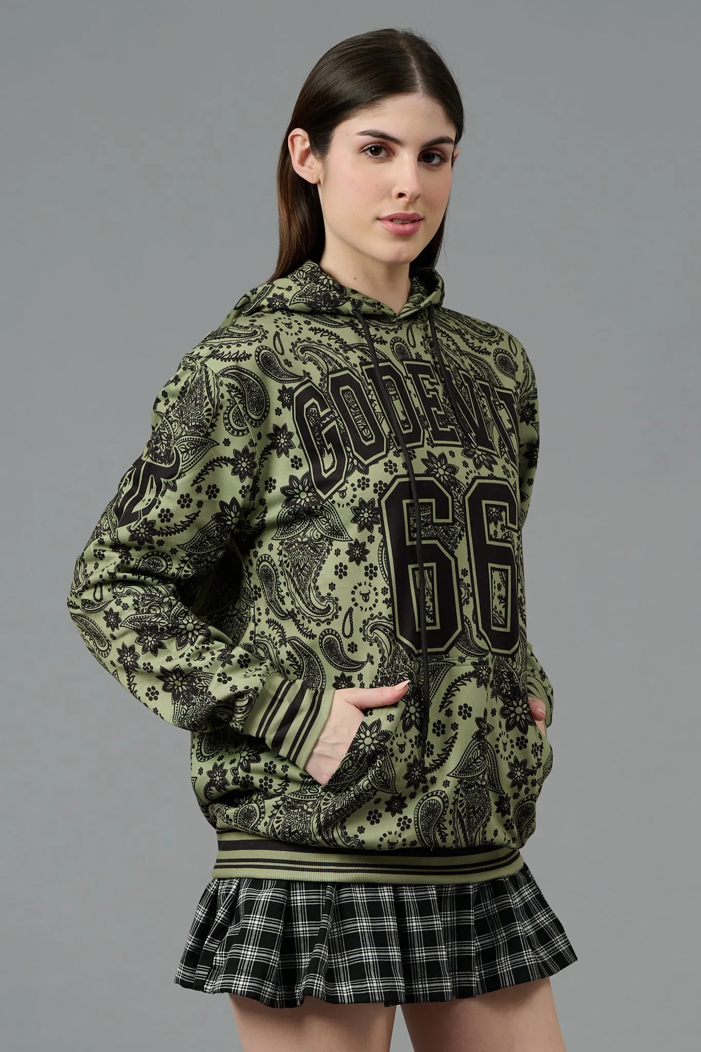 Go Devil 66 & Paisley Design Printed Green Hoodie for Women