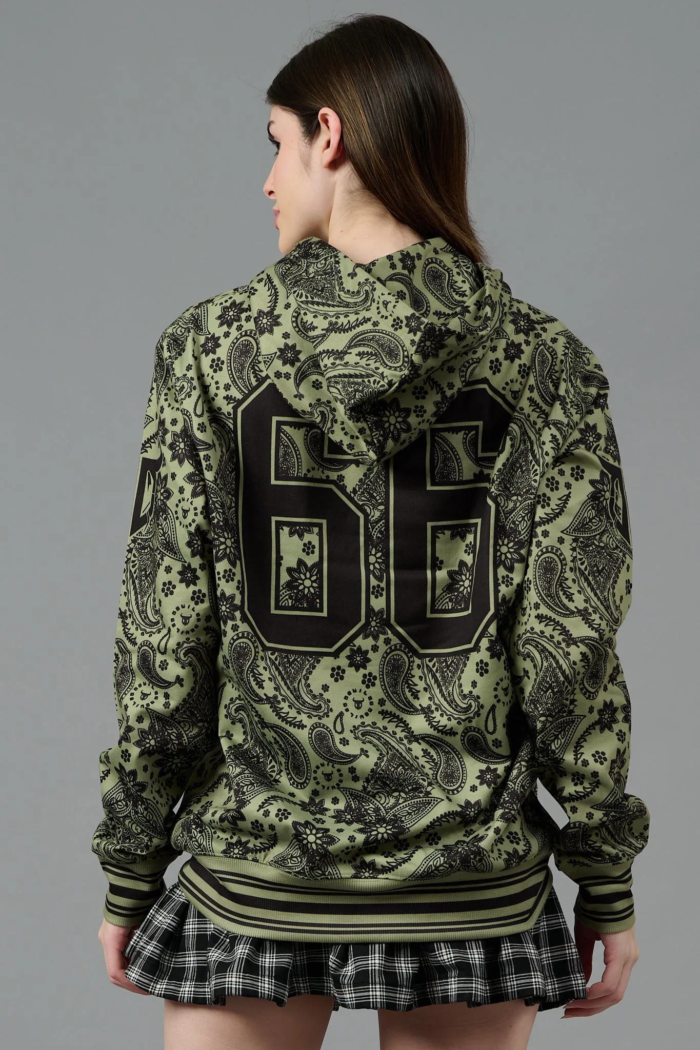 Go Devil 66 & Paisley Design Printed Green Hoodie for Women