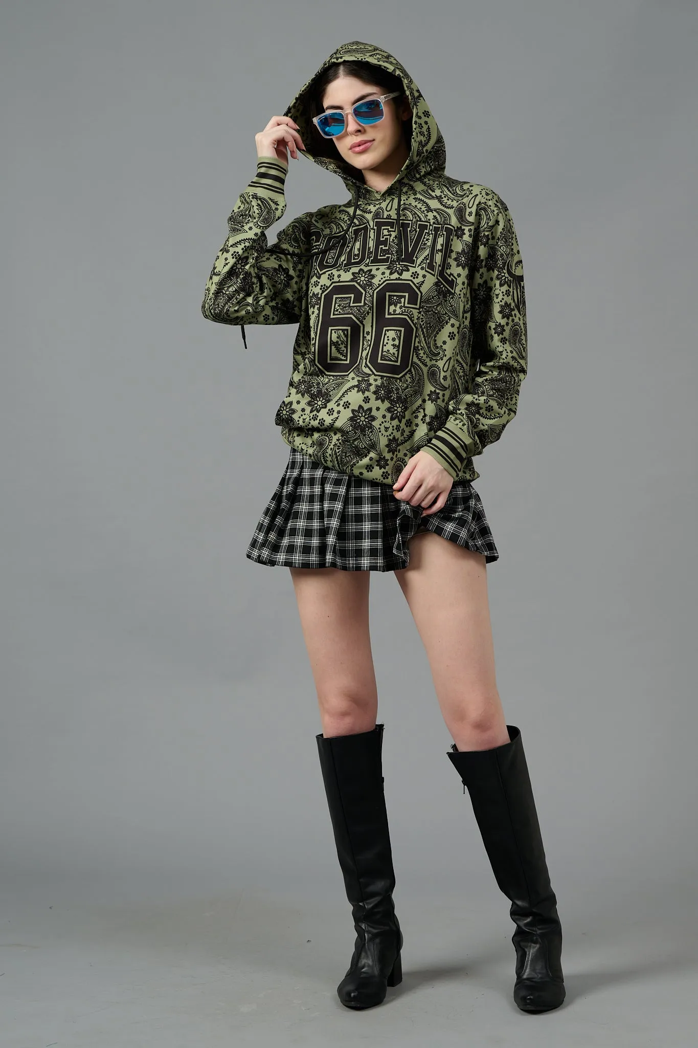 Go Devil 66 & Paisley Design Printed Green Hoodie for Women