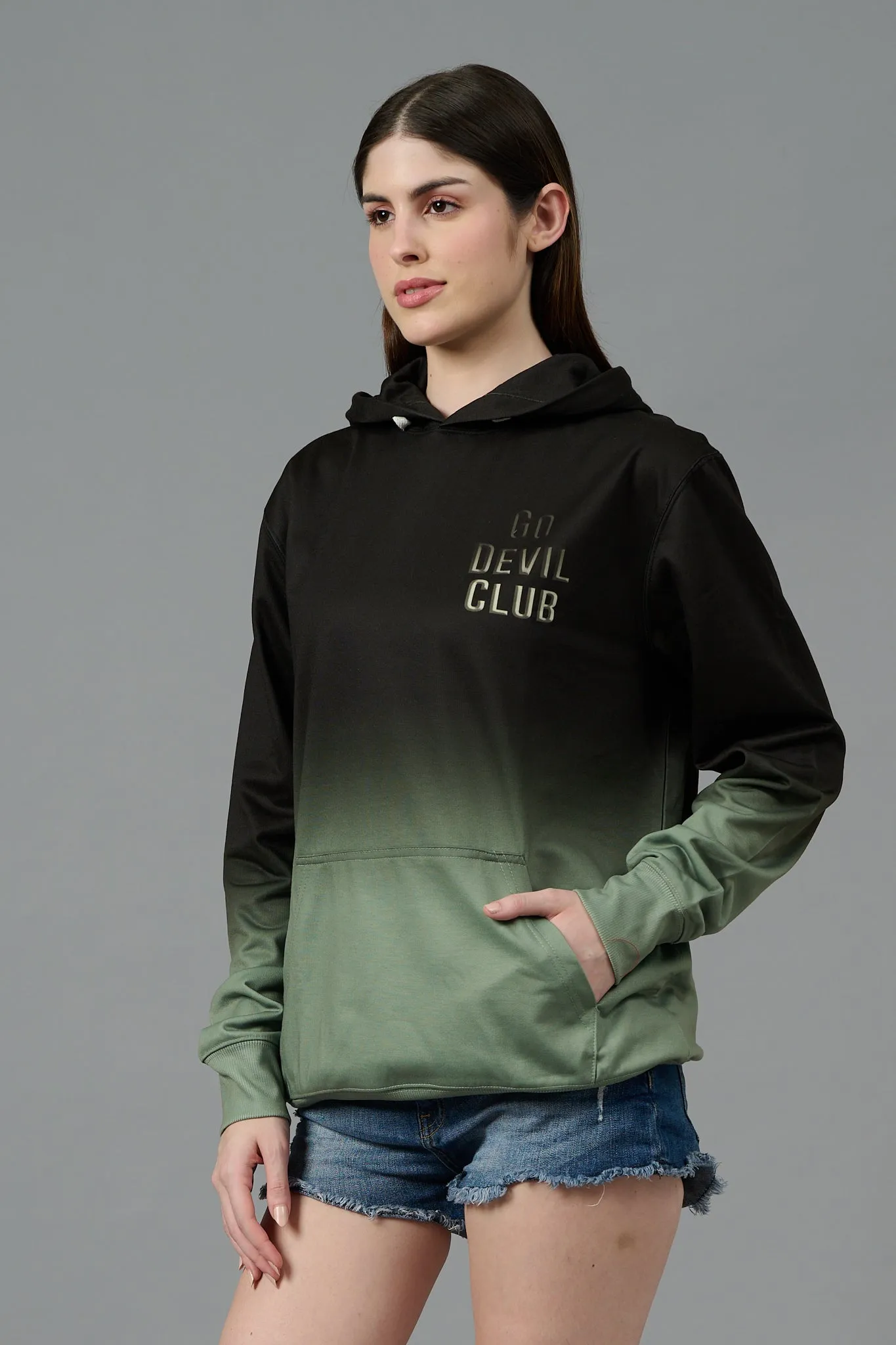 Go Devil Club Printed Black & Green Hoodie for Women