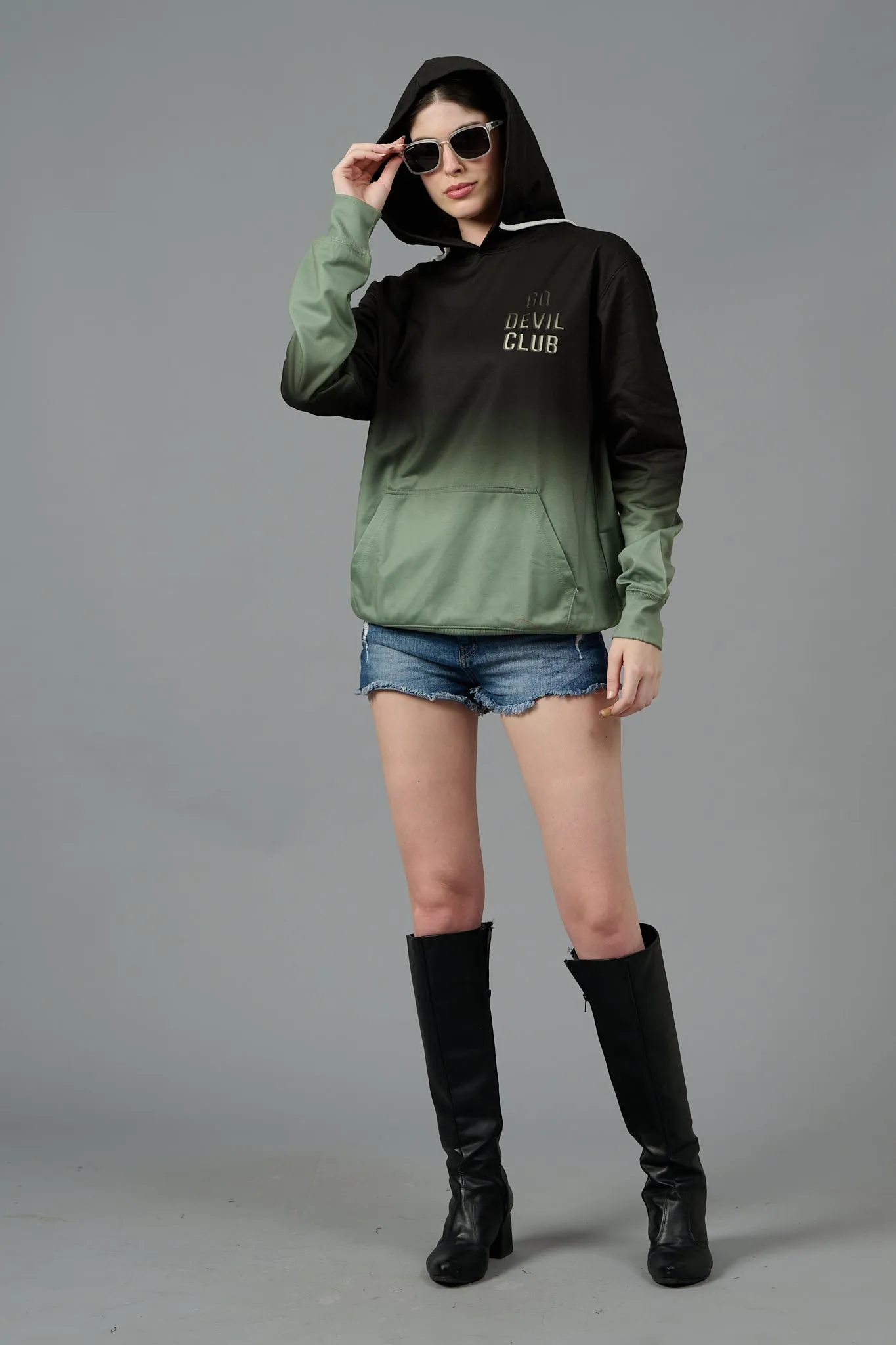 Go Devil Club Printed Black & Green Hoodie for Women