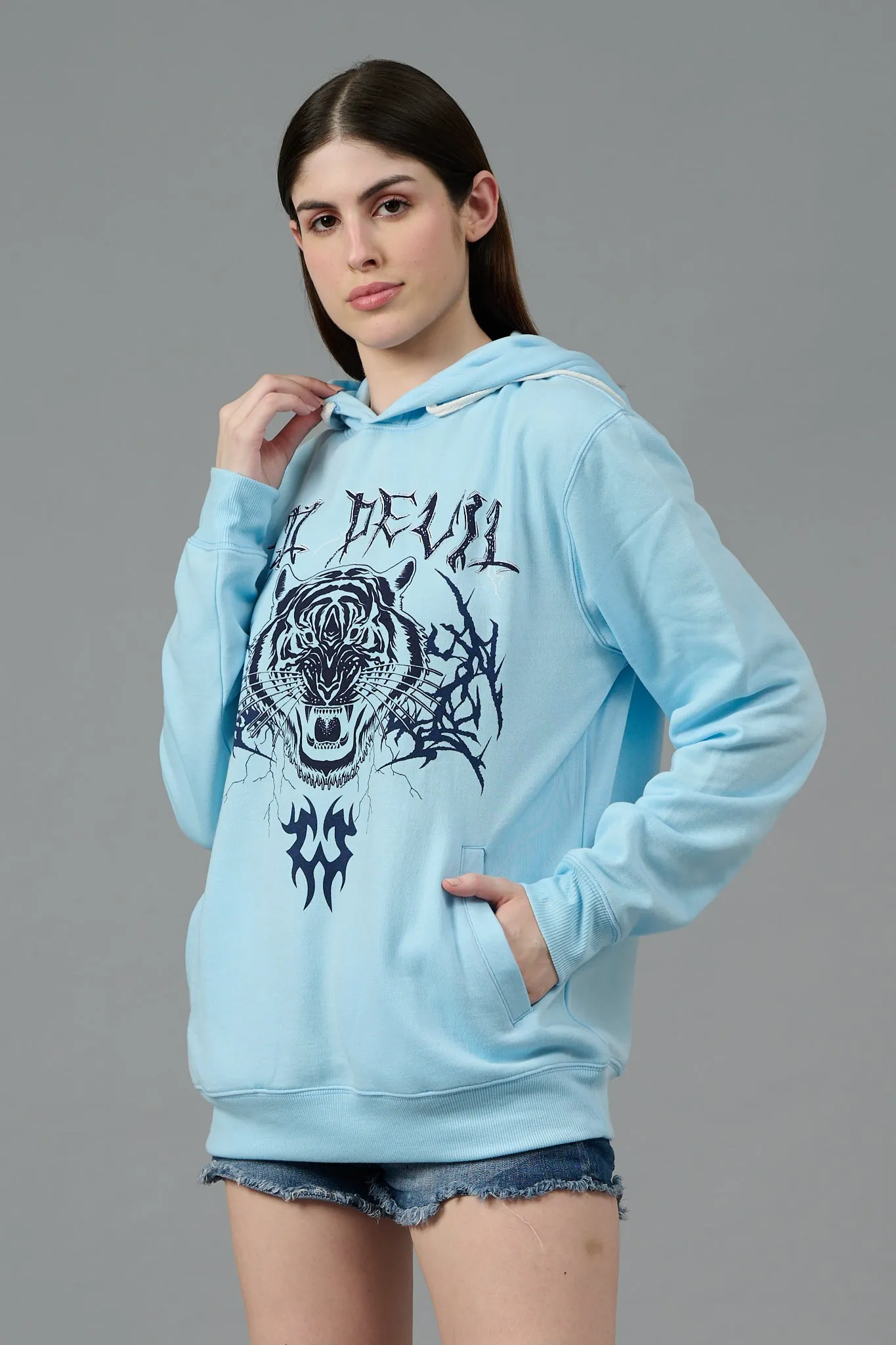 Go Devil (Tiger) Printed Blue Hoodie for Women