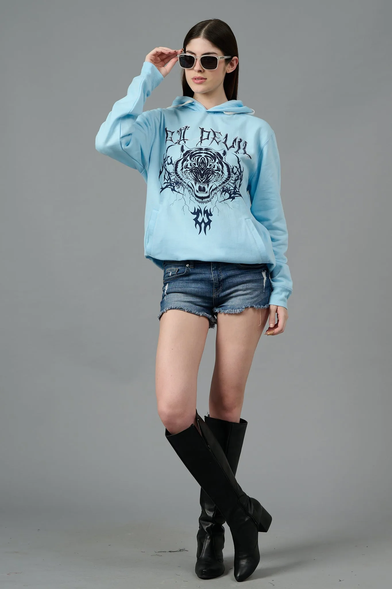 Go Devil (Tiger) Printed Blue Hoodie for Women