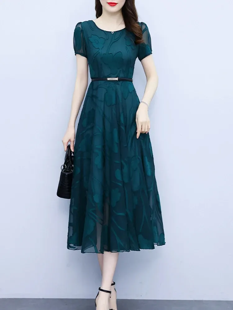 Green Women Chiffon Vintage Casual Dress O-Neck Chic Long Tunics