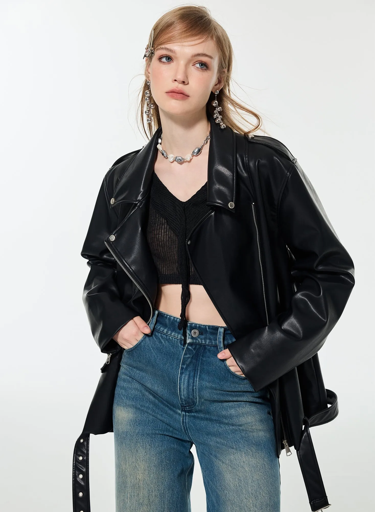 Handsome Cool Belt Chic Leather-Jacket