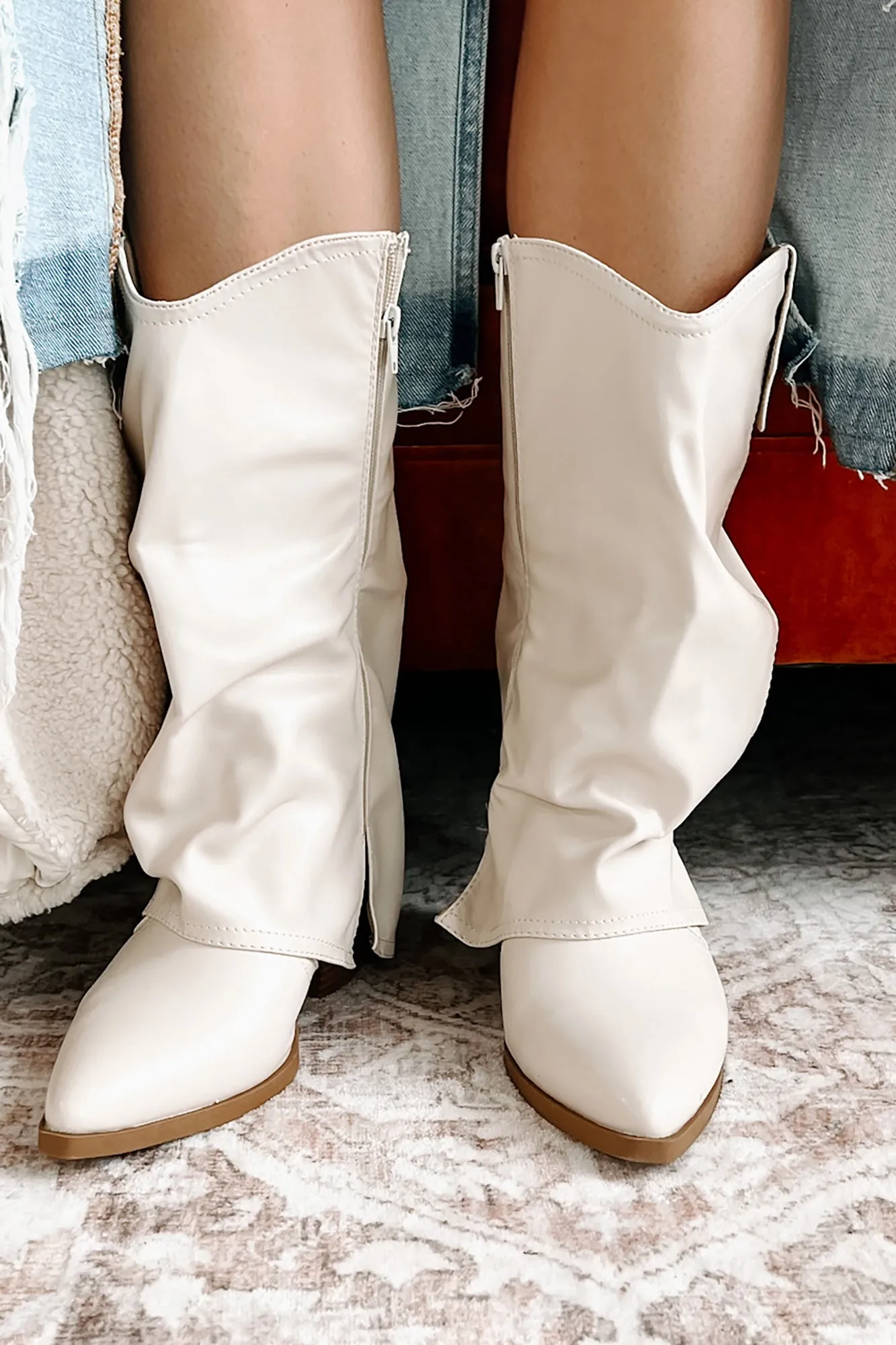 Houston Hottie Faux Leather Fold Over Boots (Ivory)