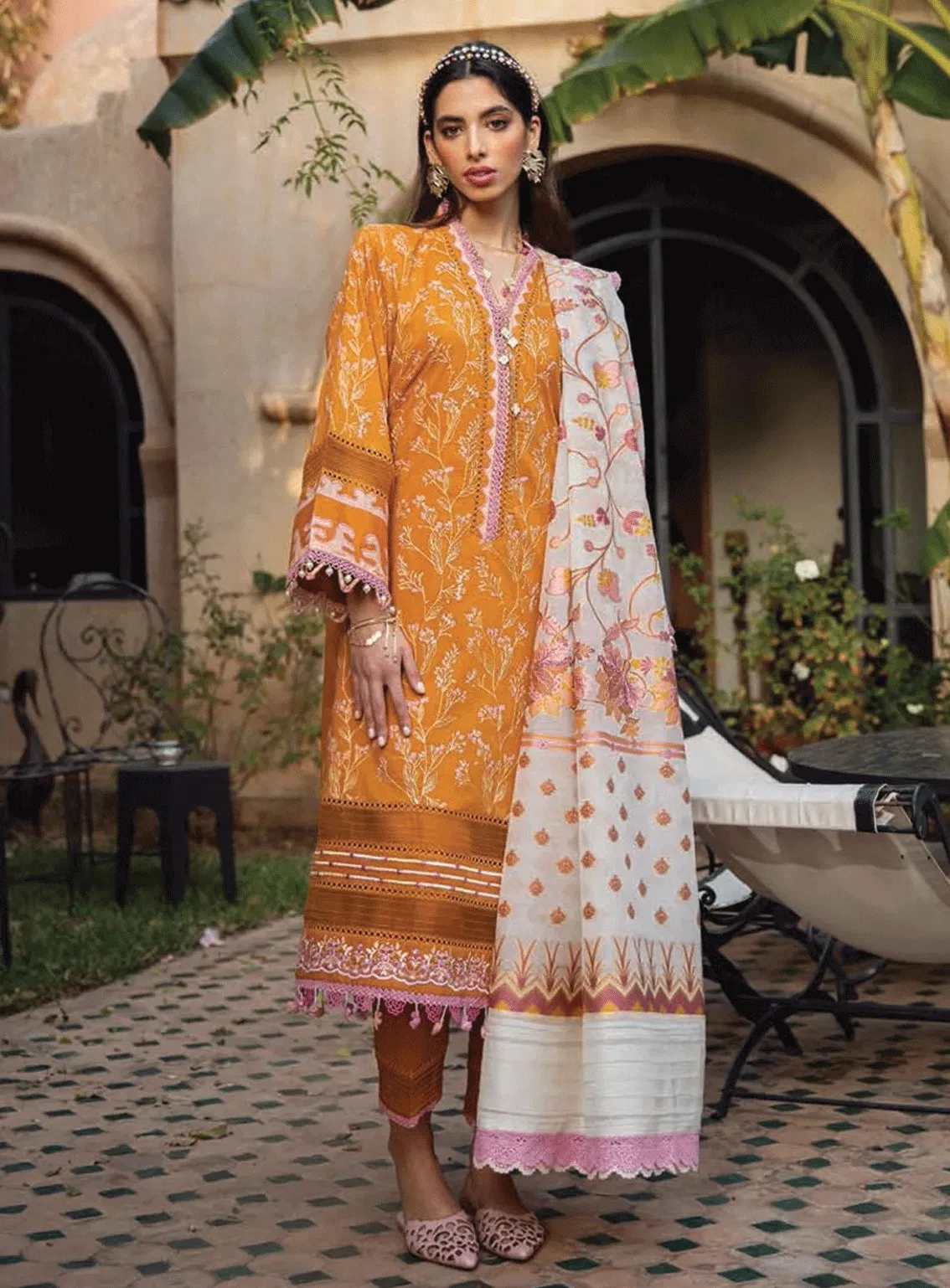 Kesh By Farah Talib Aziz Embroidered Lawn Unstitched 3 Piece Suit - FTA23KL FTA-02 MENARA MUSTARD