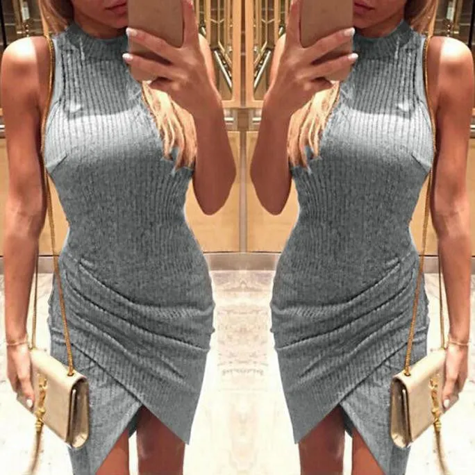 Ladies Dresses Women Elegant Sexy Irregular Perspective Sleeveless High Collar Bodycon Dress Sundresses Robe Vestido