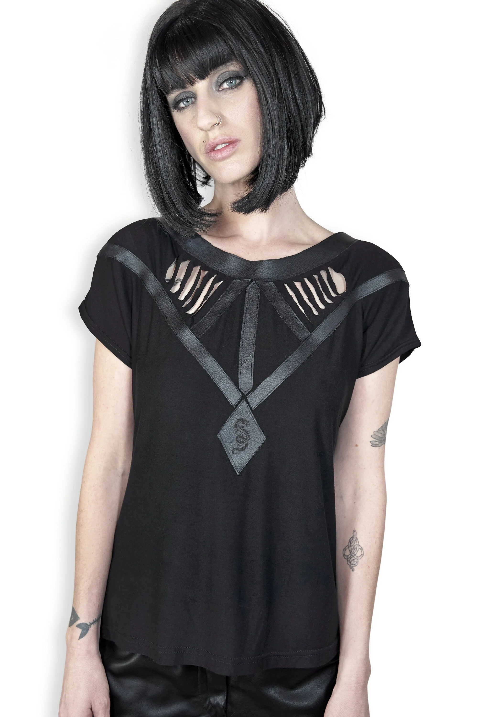 Leather harness laser engraved slashed slouch top