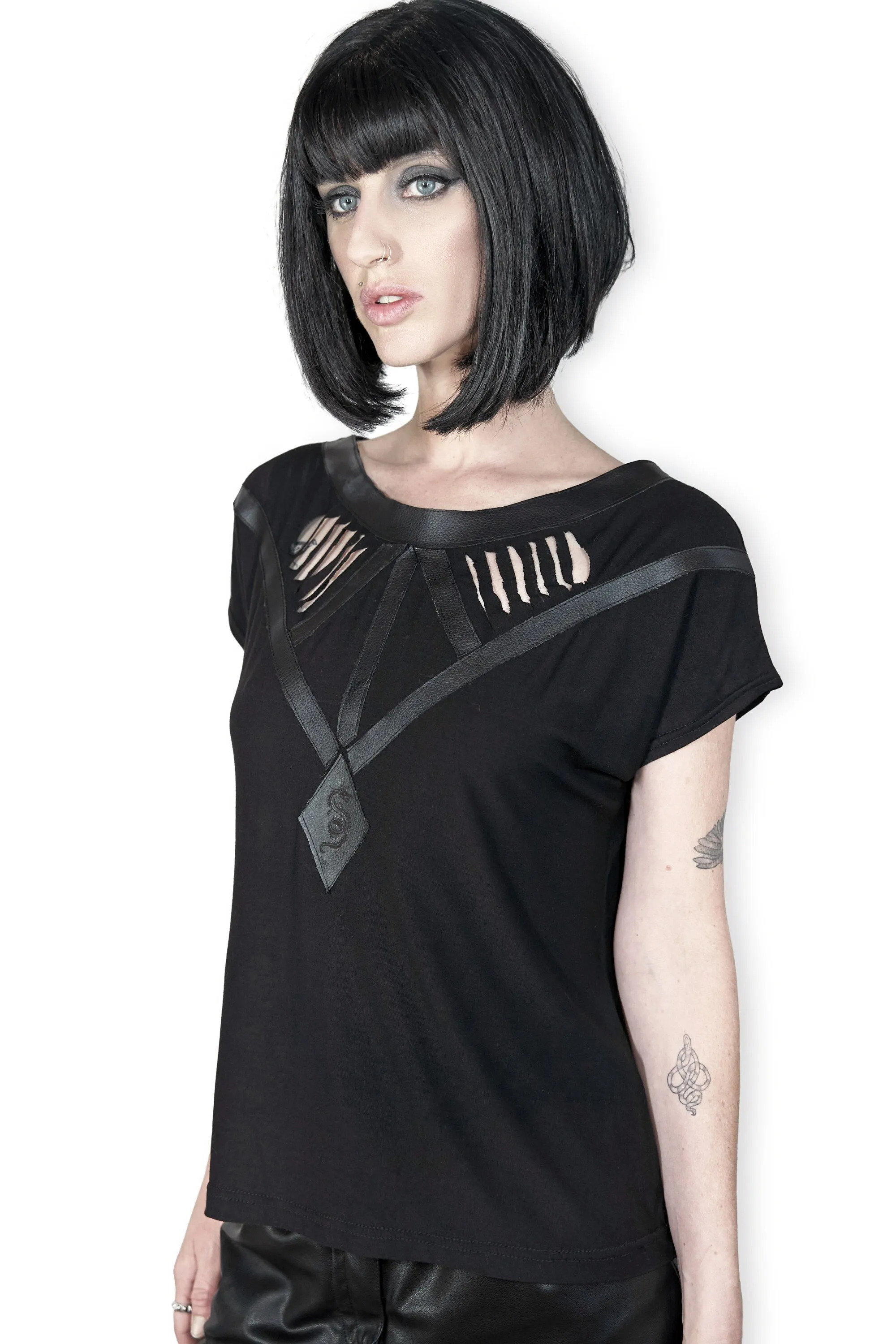 Leather harness laser engraved slashed slouch top