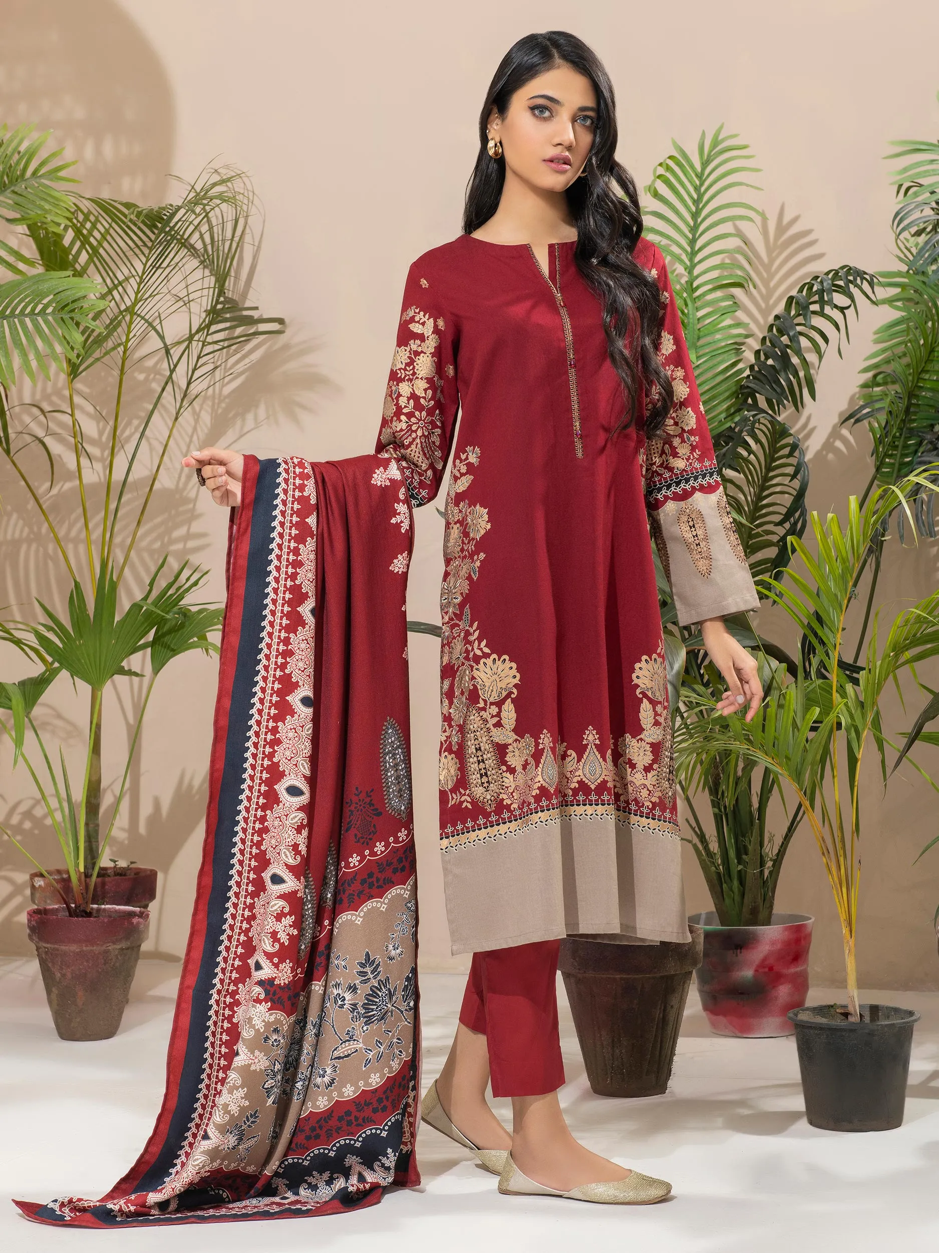 Limelight Winter Unstitched Printed Khaddar 3Pc Suit U2609 Red