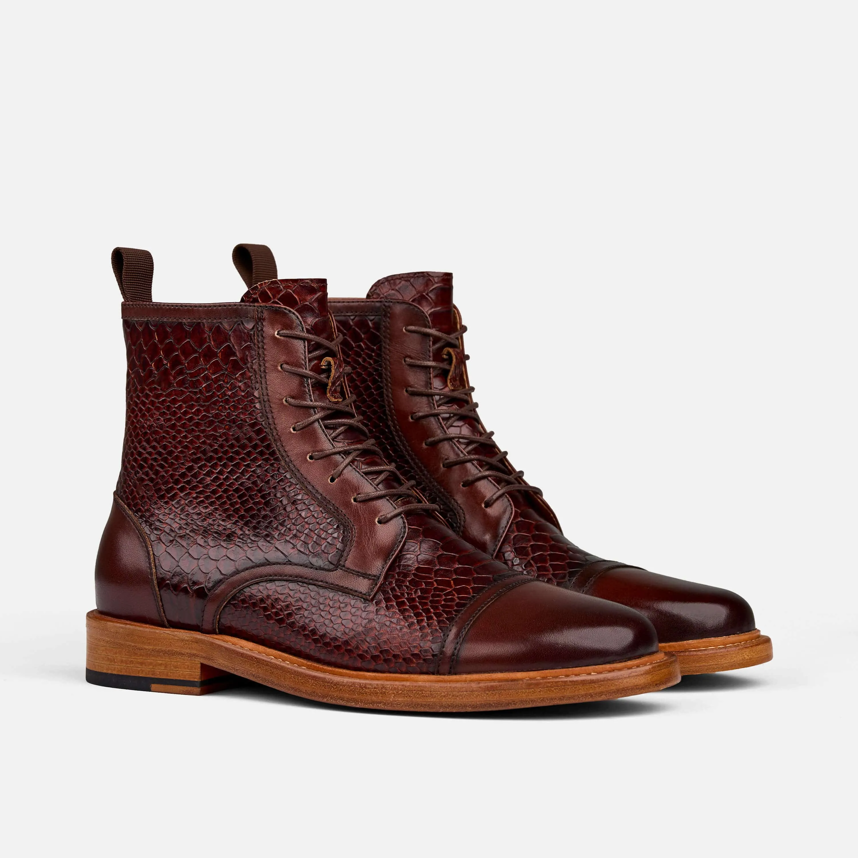 Lincoln Mahogany Snakeskin Leather Cap Toe Boots