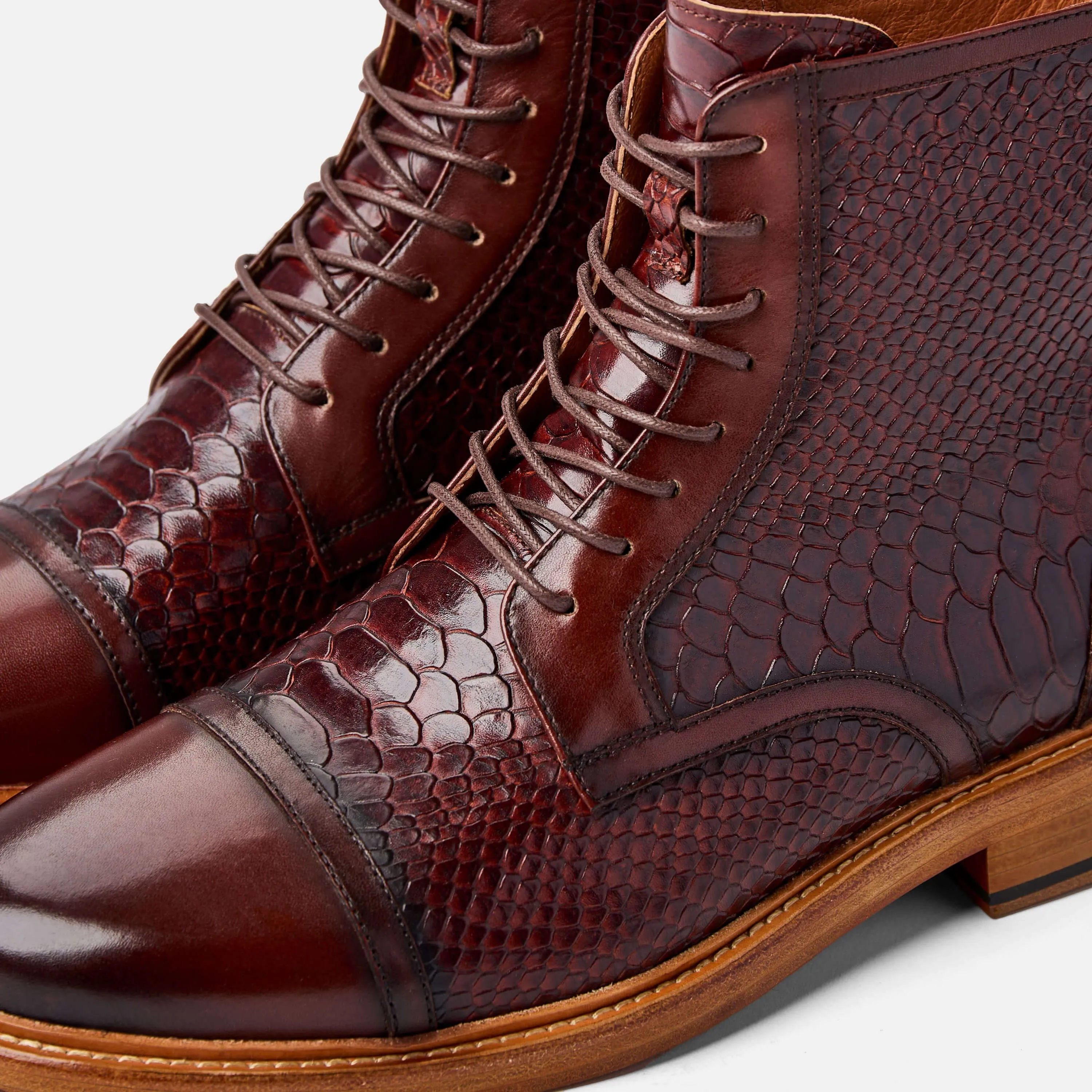 Lincoln Mahogany Snakeskin Leather Cap Toe Boots