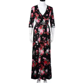 Long Dresses Women  Floral Print V Neck Boho Maxi Party Beach Dresses Three Quarter Sleeve Boho Style Dress New #23 SM6