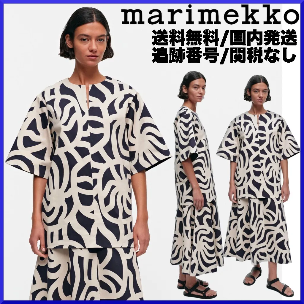 marimekko  |Crew Neck Cropped Cotton Medium Short Sleeves Tunics