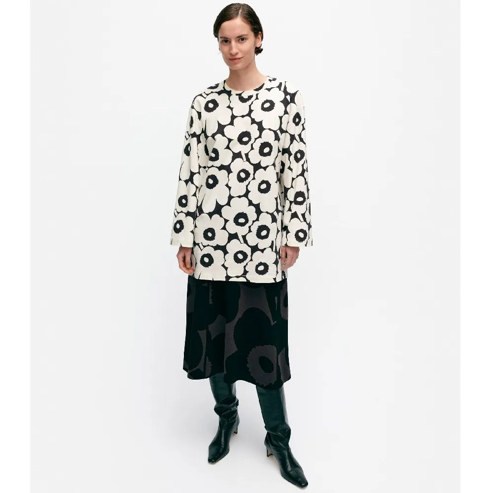 marimekko  |Crew Neck Flower Patterns Rib Long Sleeves Cotton Tunics