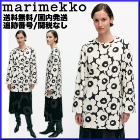 marimekko  |Crew Neck Flower Patterns Rib Long Sleeves Cotton Tunics