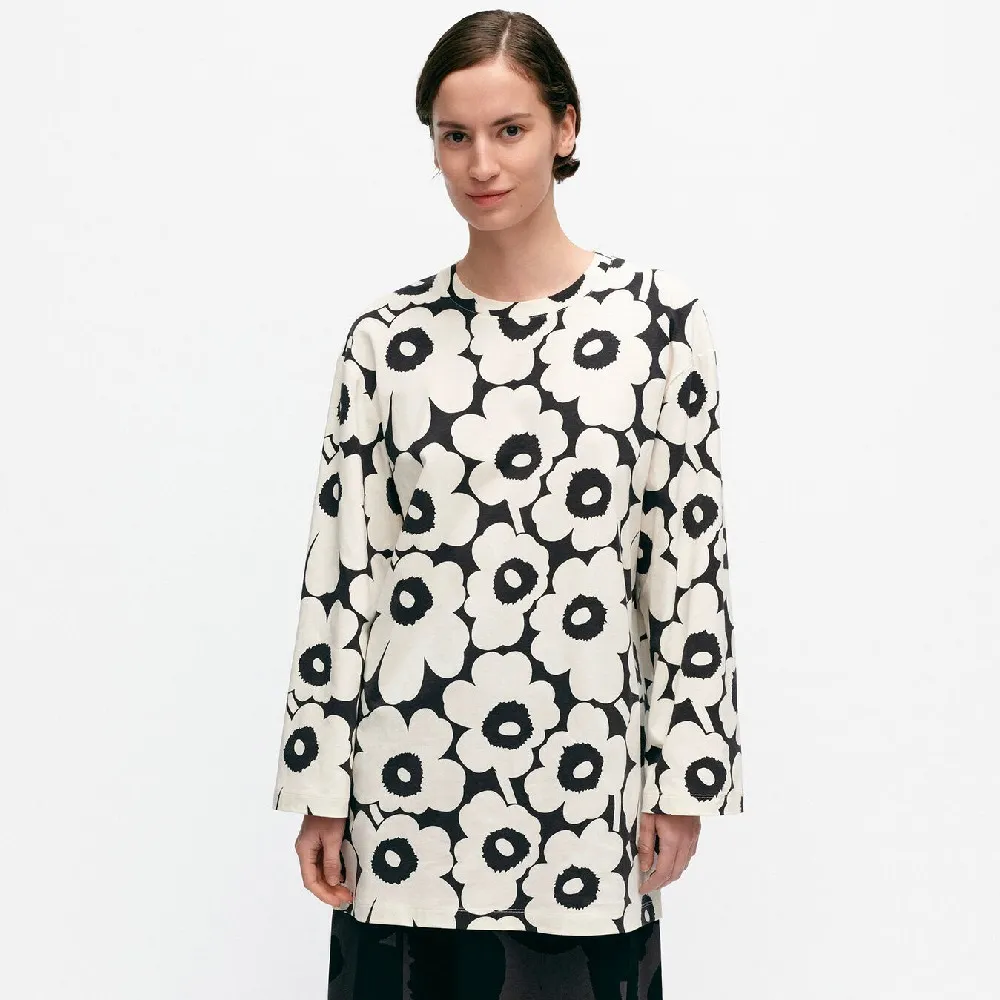 marimekko  |Crew Neck Flower Patterns Rib Long Sleeves Cotton Tunics