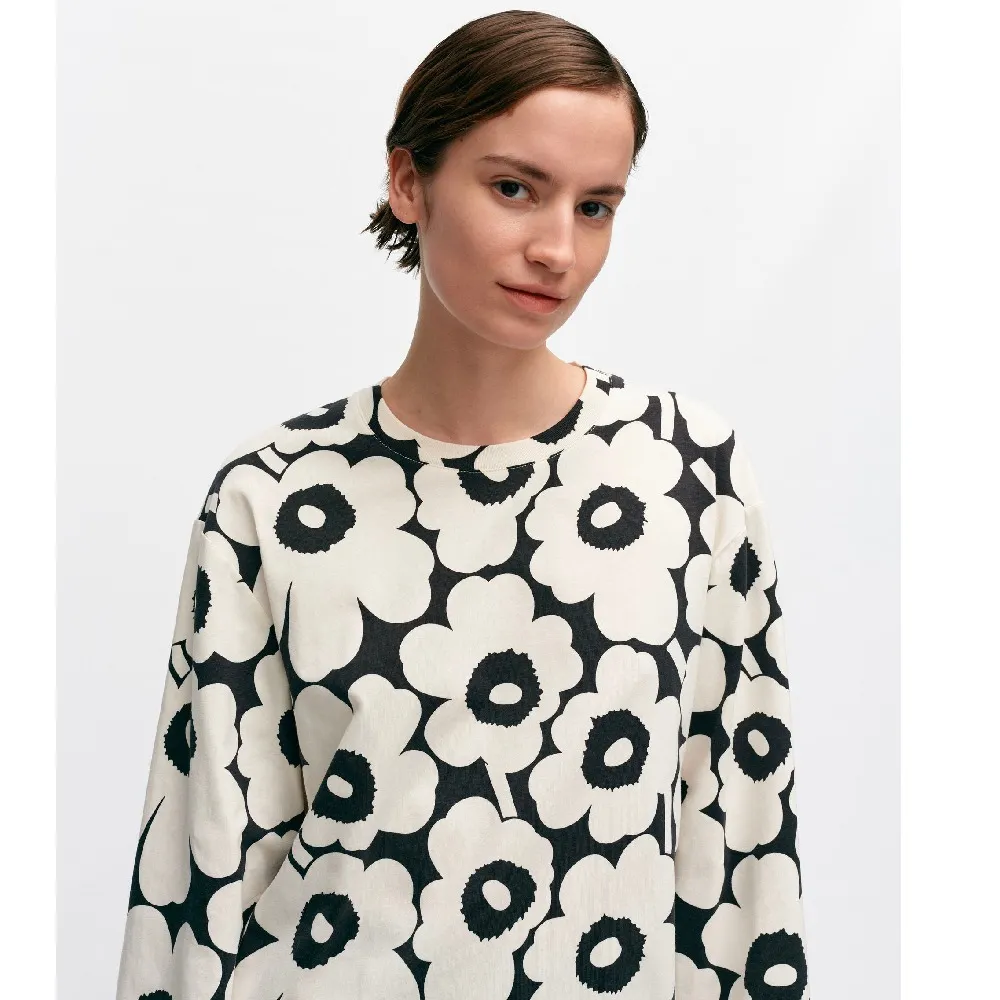 marimekko  |Crew Neck Flower Patterns Rib Long Sleeves Cotton Tunics