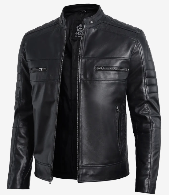 Men Black Cafe Racer Real Leather Jacket