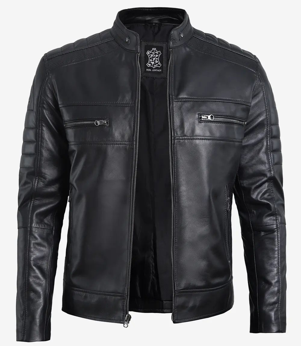 Men Black Cafe Racer Real Leather Jacket