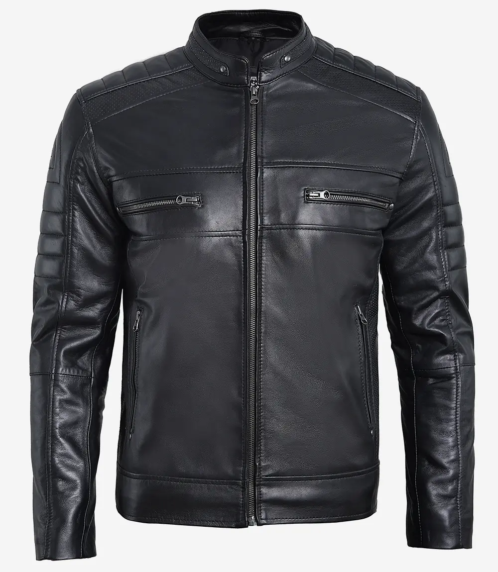 Men Black Cafe Racer Real Leather Jacket