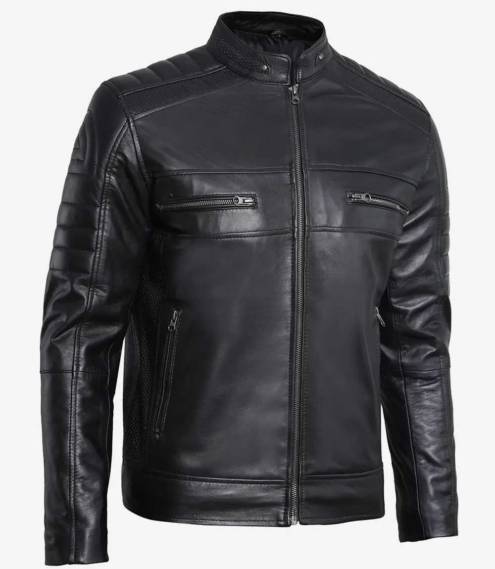 Men Black Cafe Racer Real Leather Jacket