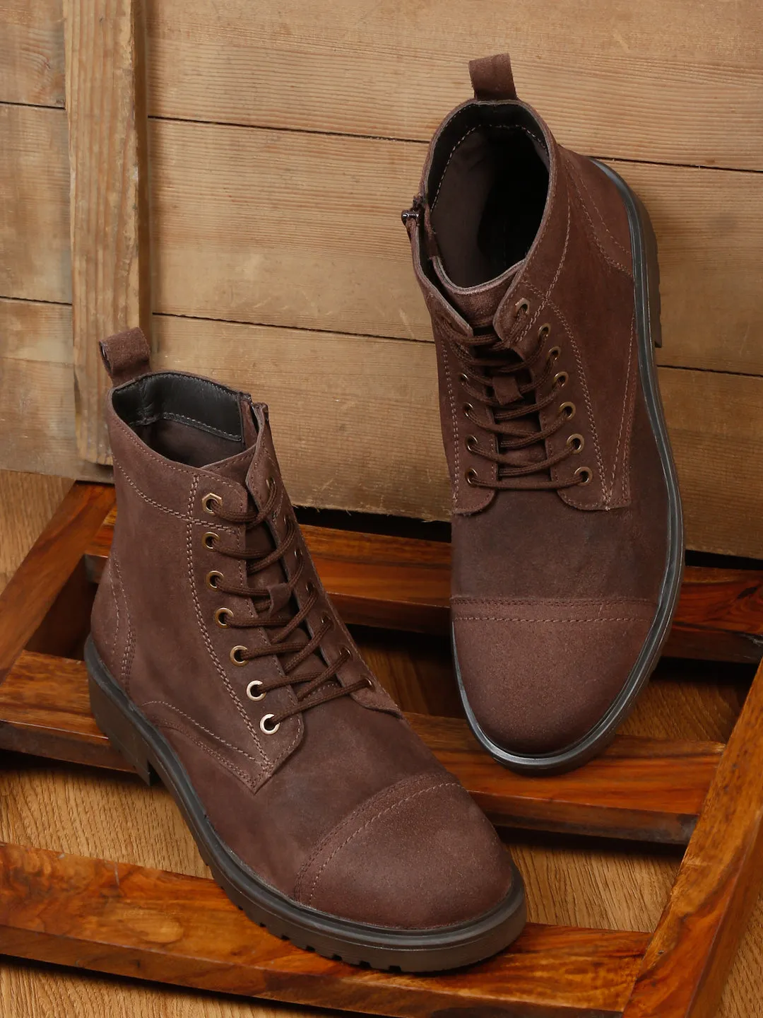 Mens Brown Leather Lace-up Boots