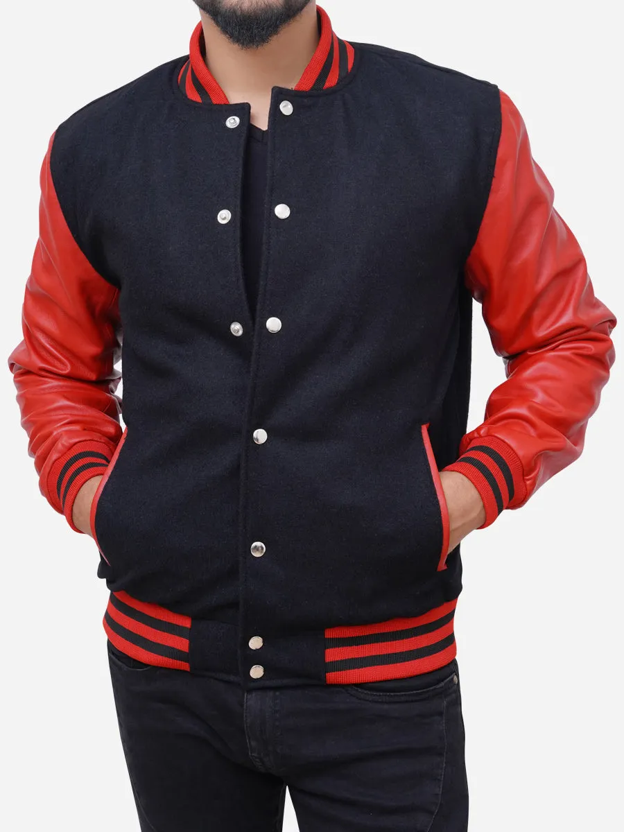 Men's Wool Blended Black and Red Varsity Jacket