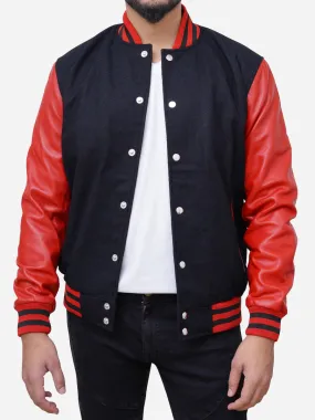 Men's Wool Blended Black and Red Varsity Jacket