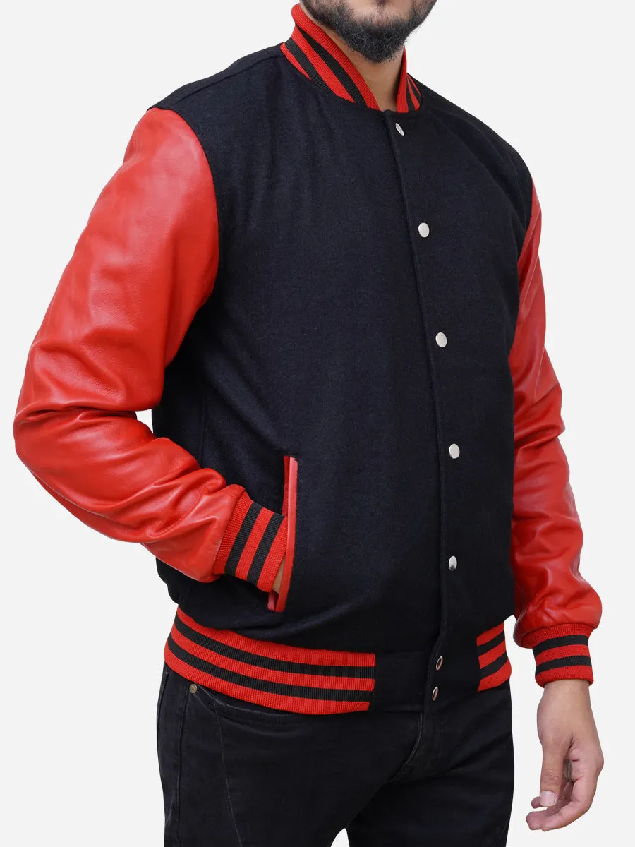 Men's Wool Blended Black and Red Varsity Jacket