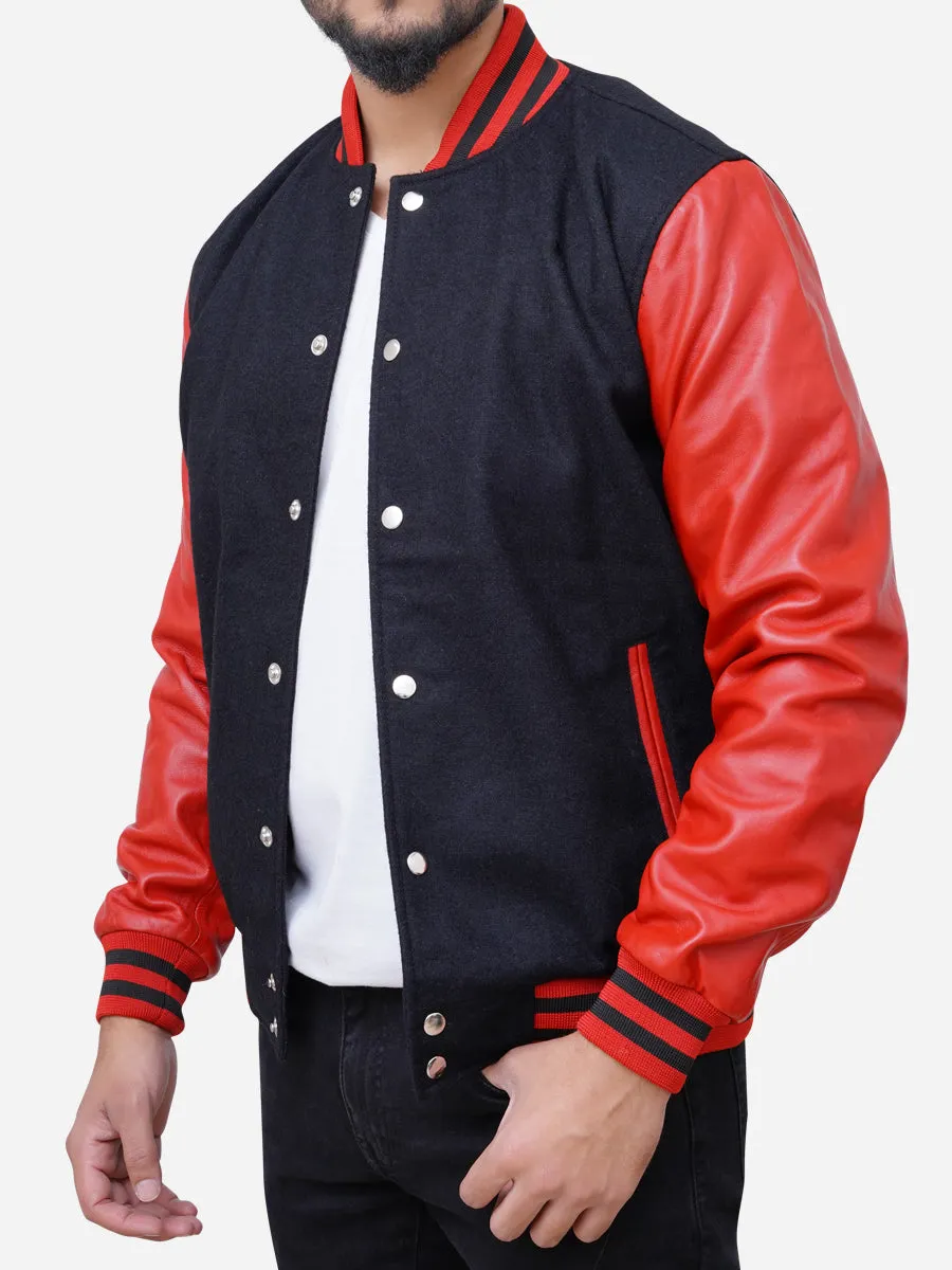 Men's Wool Blended Black and Red Varsity Jacket