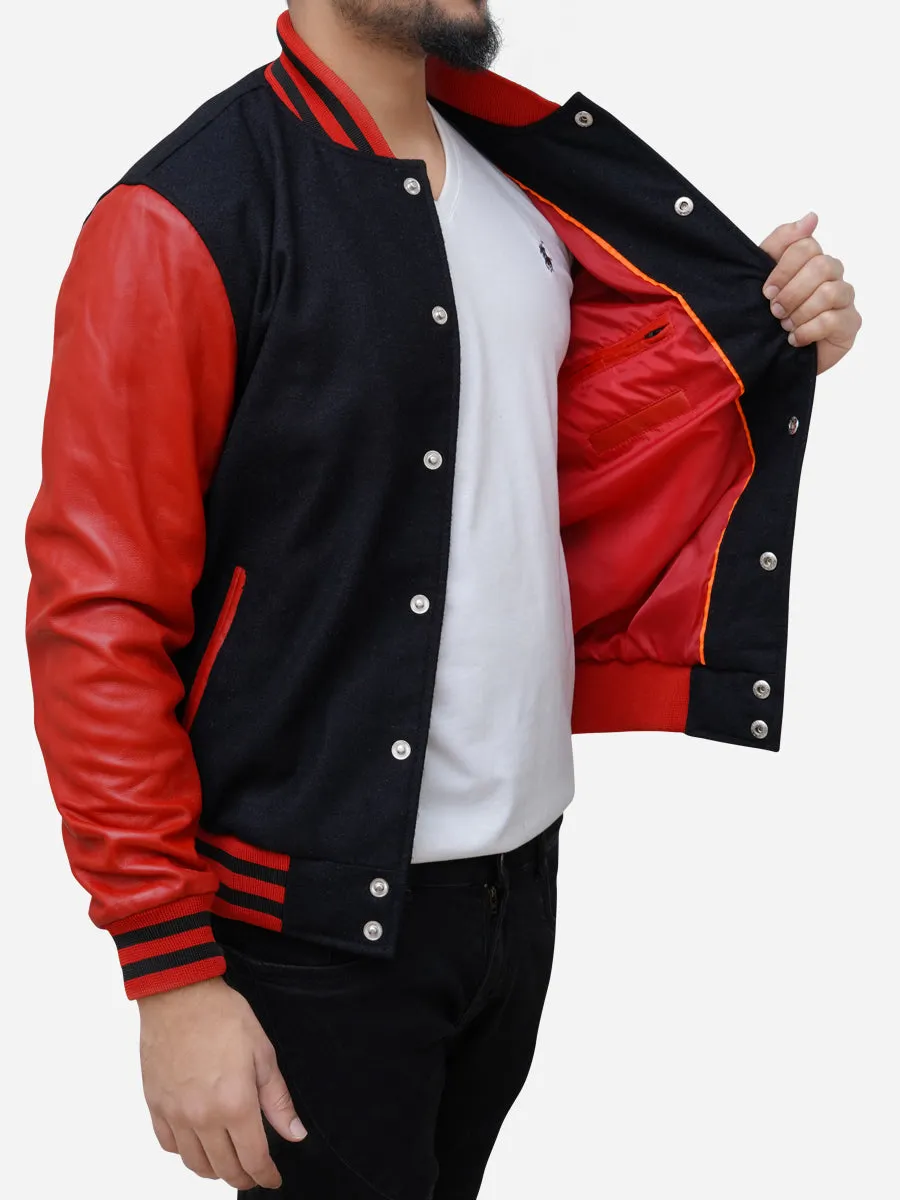 Men's Wool Blended Black and Red Varsity Jacket