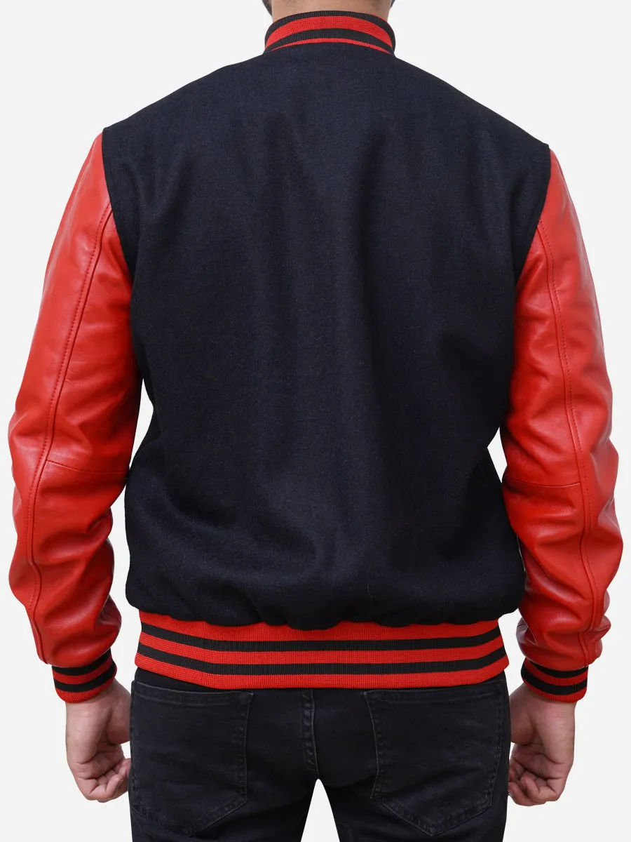 Men's Wool Blended Black and Red Varsity Jacket