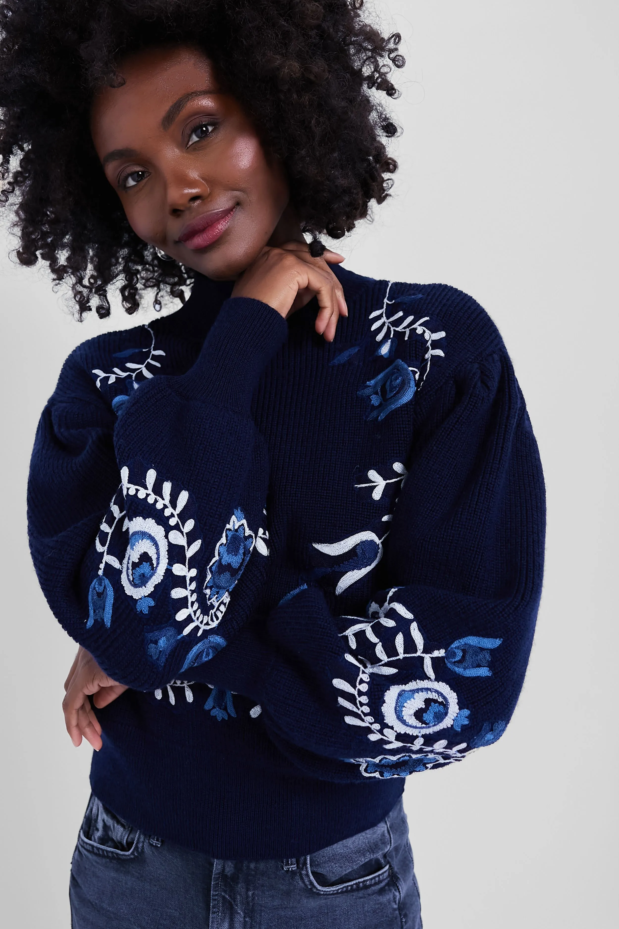 Navy Inga Embroidery Longsleeve High Neck Sweater