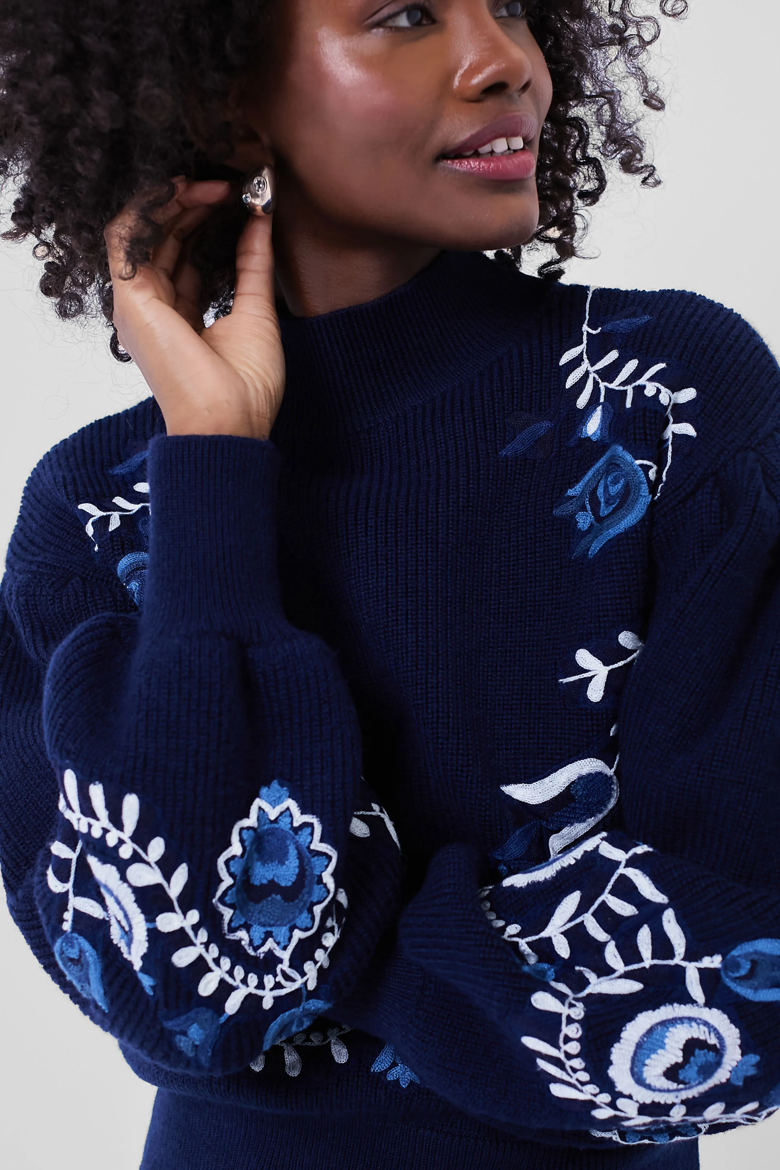 Navy Inga Embroidery Longsleeve High Neck Sweater