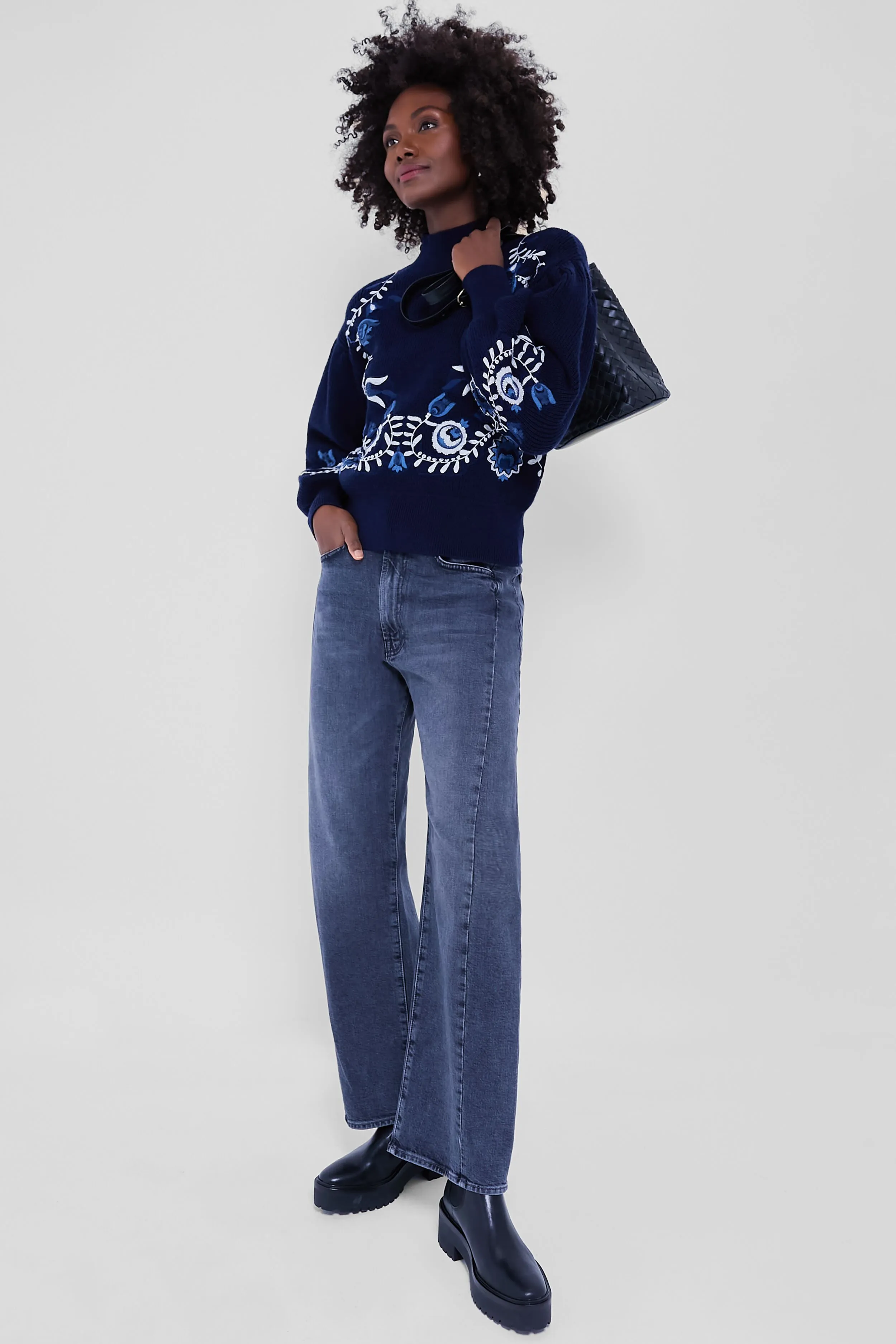 Navy Inga Embroidery Longsleeve High Neck Sweater