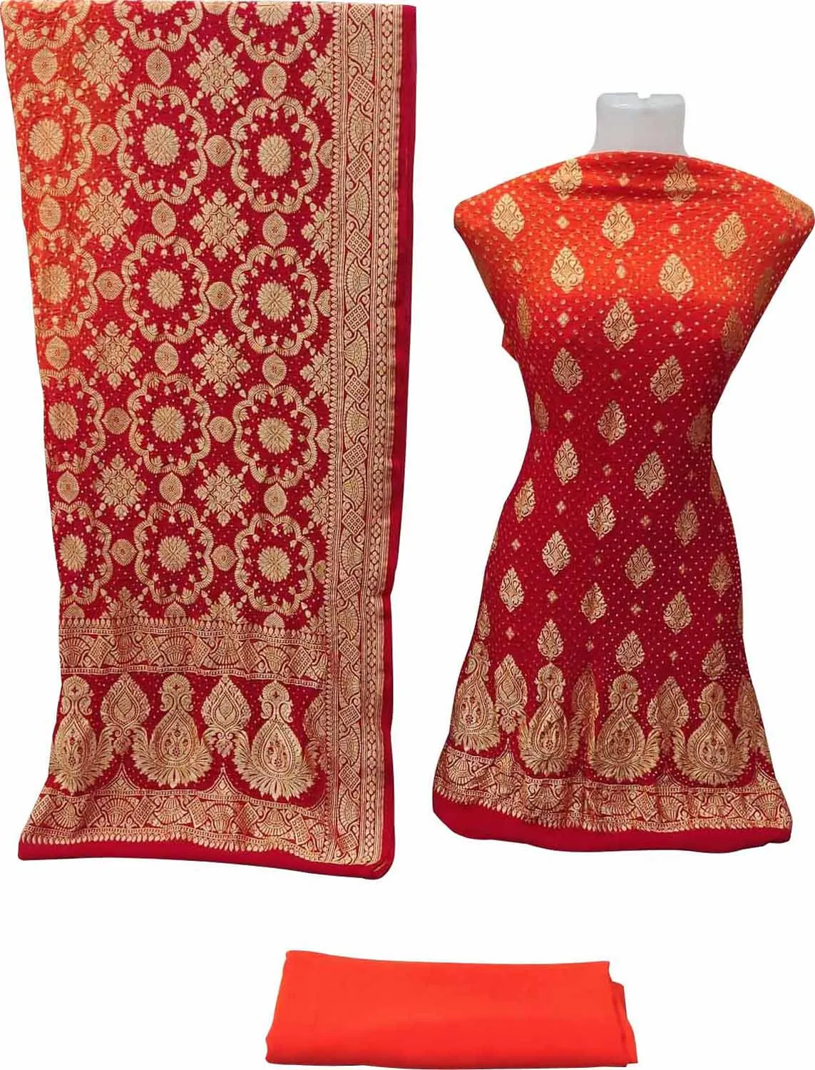 Orange & Red Banarasi Bandhani Handloom Pure Georgette Three Piece Unstitched Suit Set