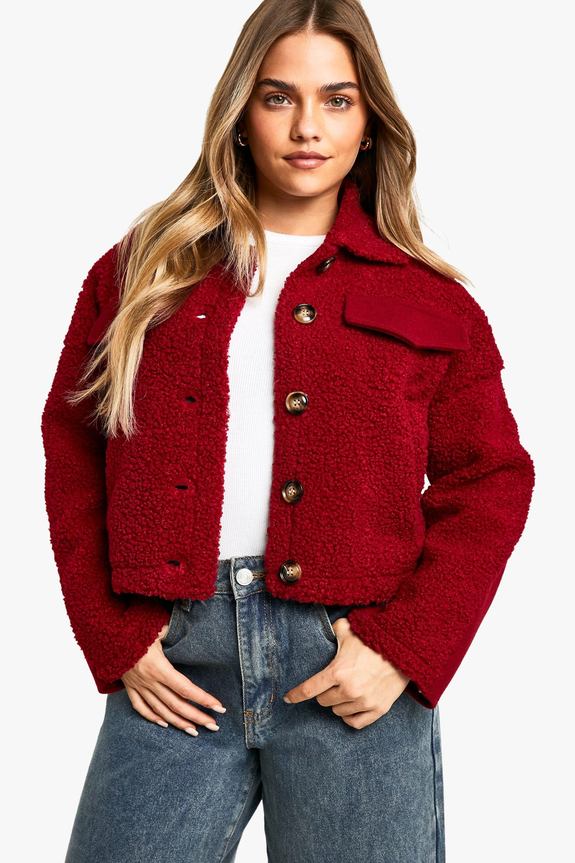 Petite Teddy Detail Wool Look Jacket