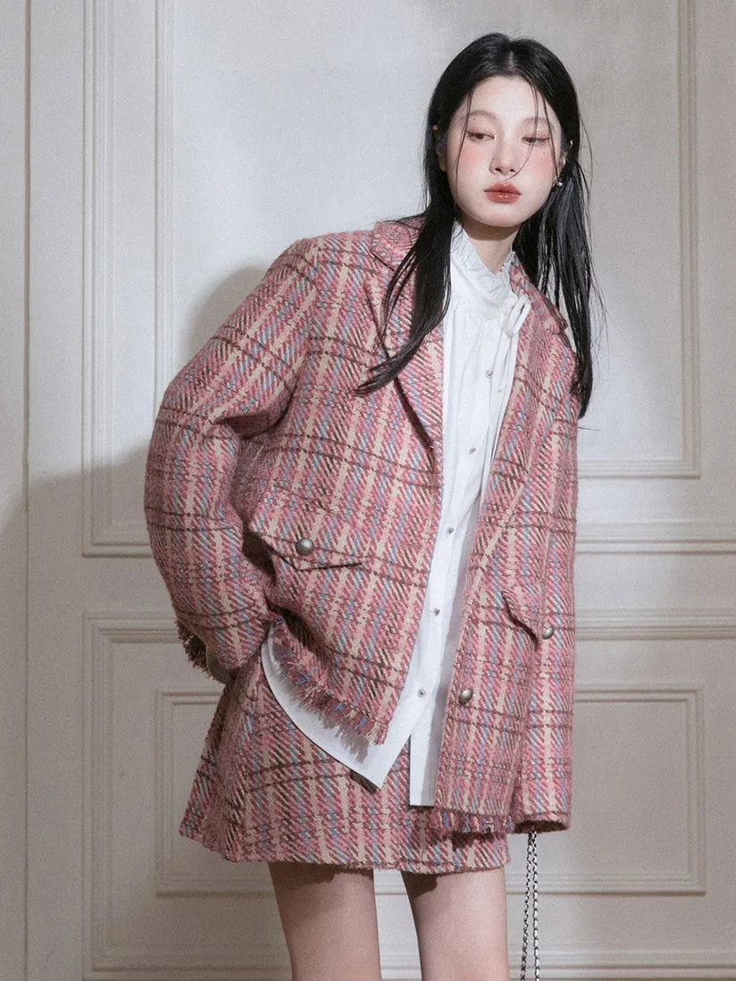 Plaid Tweed Asymmetry Design Jacket ＆ Skirt