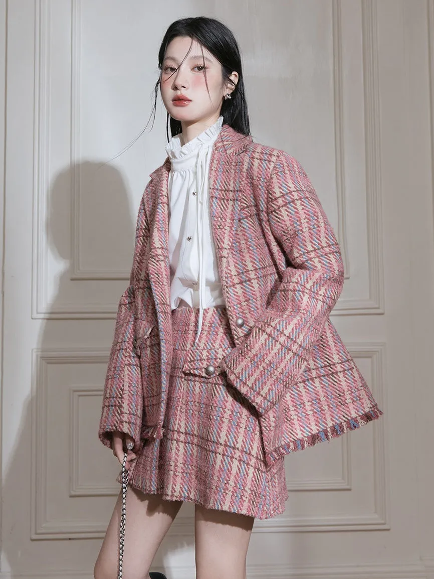 Plaid Tweed Asymmetry Design Jacket ＆ Skirt