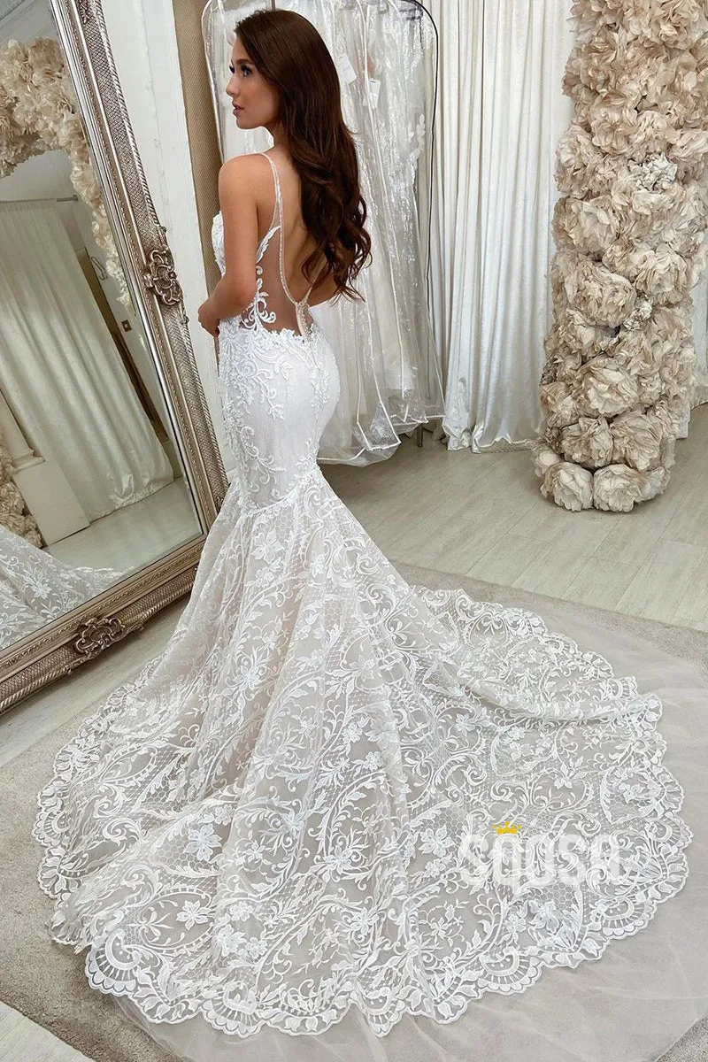 Plunging V-neck Allover Lace Wedding Dress Mermaid Gown QW2675