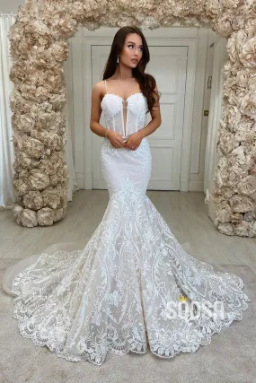 Plunging V-neck Allover Lace Wedding Dress Mermaid Gown QW2675