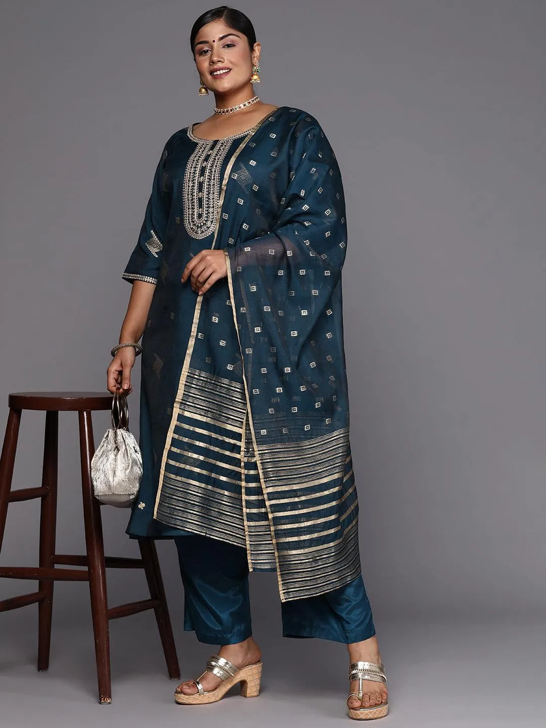 Plus Size Blue Woven Design Chanderi Silk Straight Suit With Dupatta