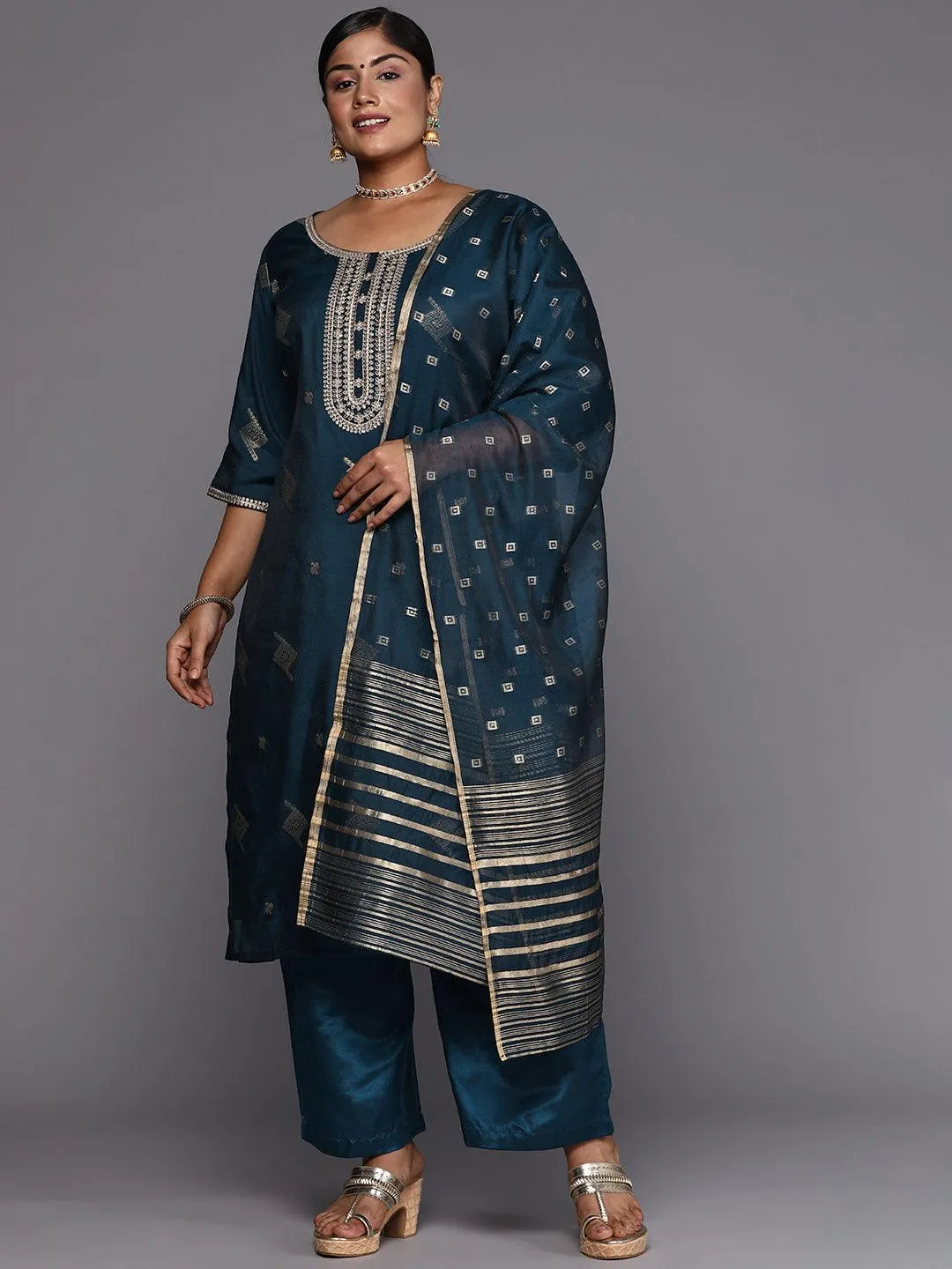 Plus Size Blue Woven Design Chanderi Silk Straight Suit With Dupatta