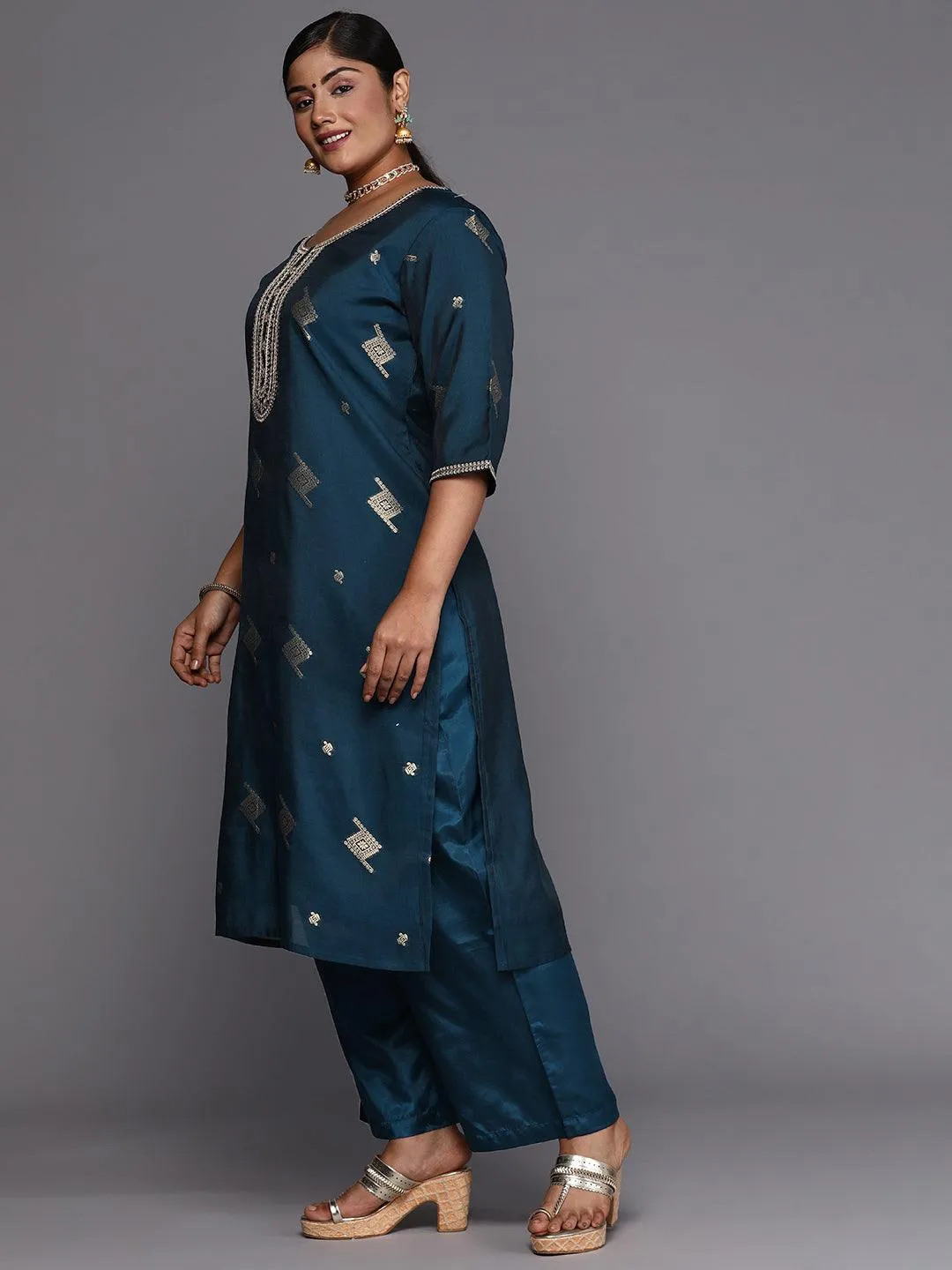 Plus Size Blue Woven Design Chanderi Silk Straight Suit With Dupatta