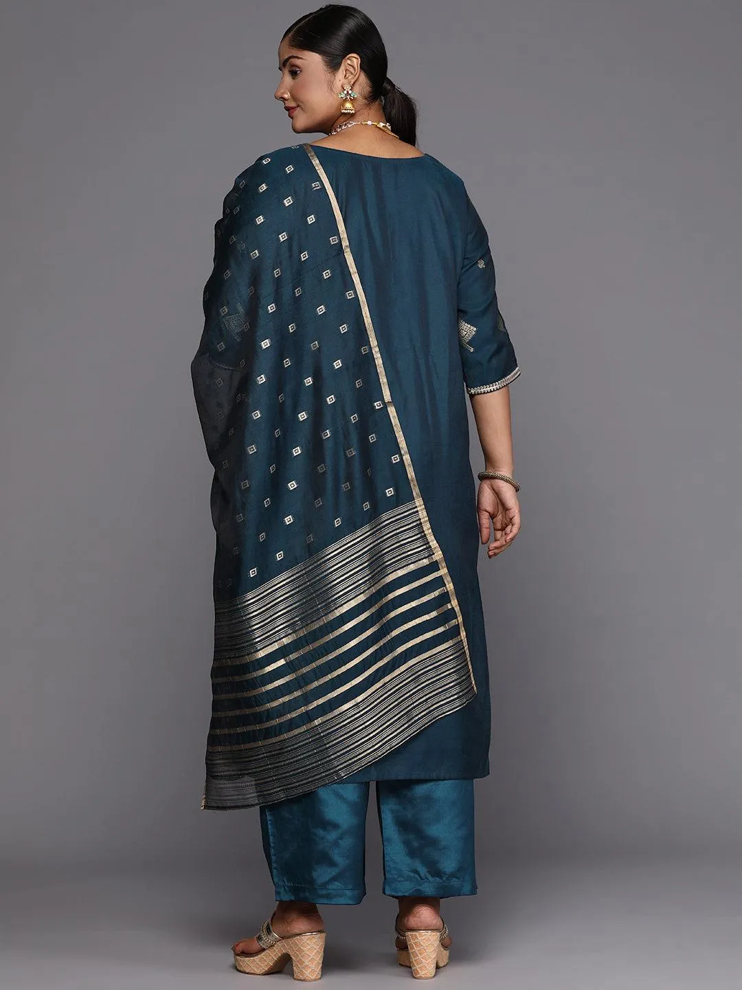 Plus Size Blue Woven Design Chanderi Silk Straight Suit With Dupatta