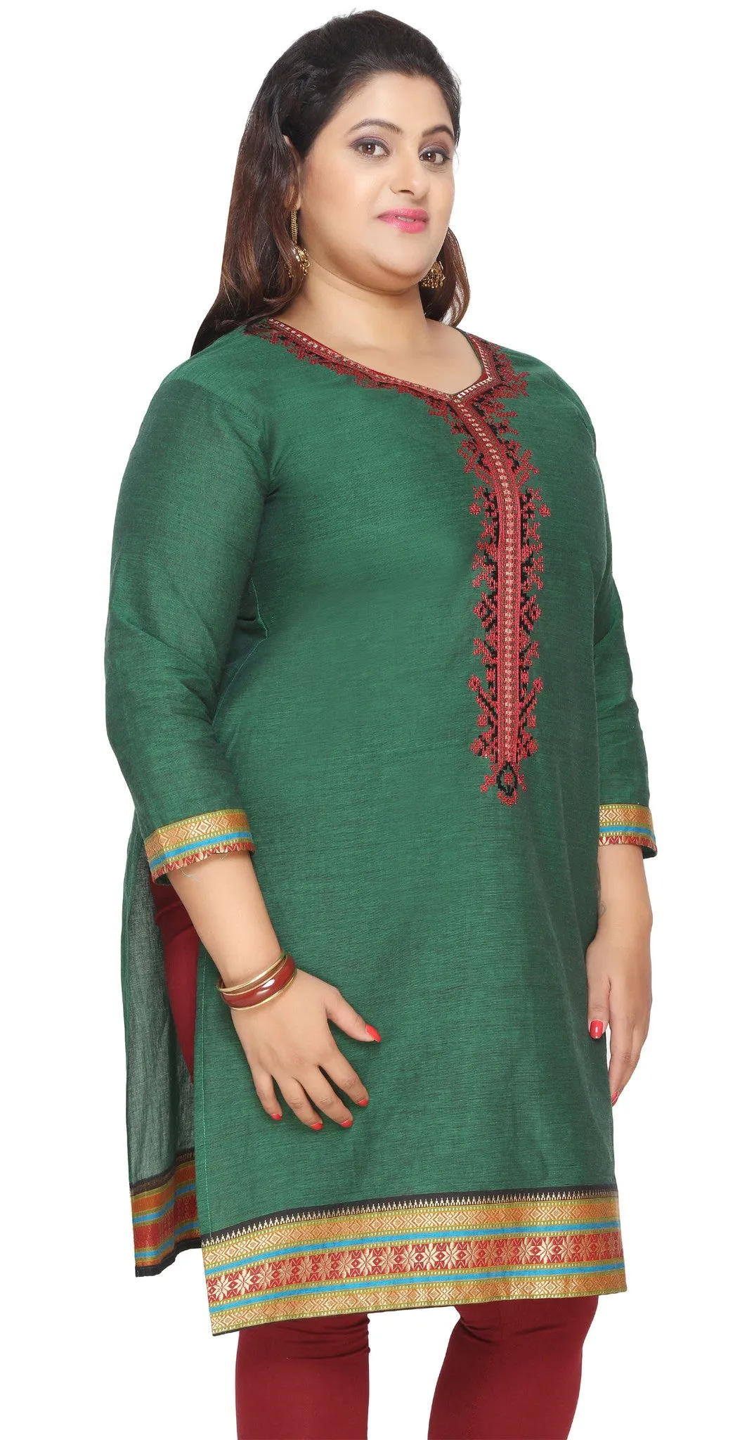 Plus Size Womens Indian Tunics Kurti Long Top Embroidered Apparel (Green)